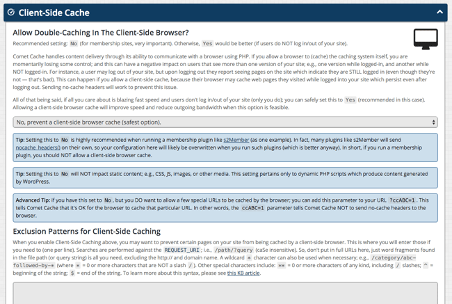 Página de configuración del complemento Comet Cache que detalla su función de caché del lado del cliente