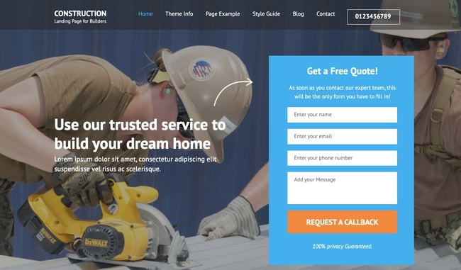 Construction Landing Page demo includes image banner with contact form for a construction company
