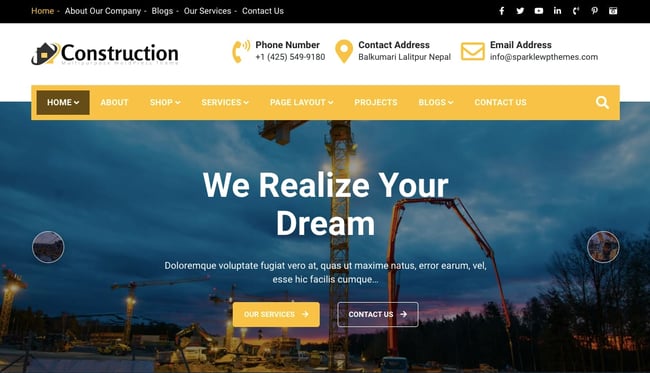 Contruction Light demo shows homepage with featured slider for a construction company