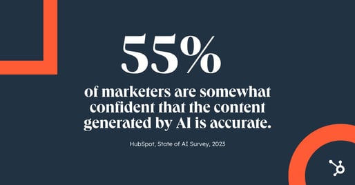 Statistic showing 55% of marketers are just somewhat confident that the content generated by AI is accurate; AI jobs in marketing
