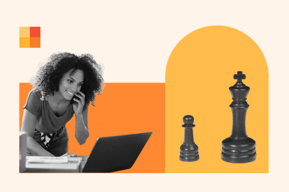 Premium Photo  Woman playing chess online uses laptop