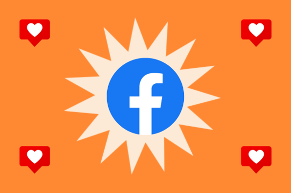 Facebook logo inside a starburst on an orange background surrounded by hearts