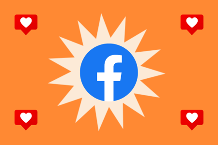 Facebook logo inside a starburst on an orange background surrounded by hearts