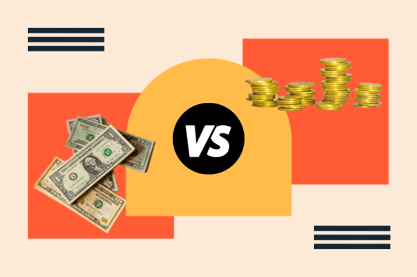 a/b testing value represented by dollars vs cents connected a colorful background