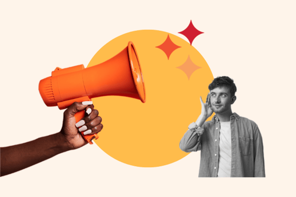 b2b customer service experience displayed by a person holding a megaphone and a man listening to it