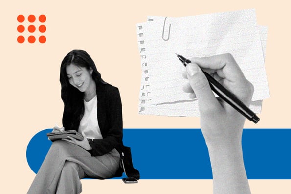 direct response copywriting: image shows a person sitting down jotting in their notebook with a piece of lined paper nearby 