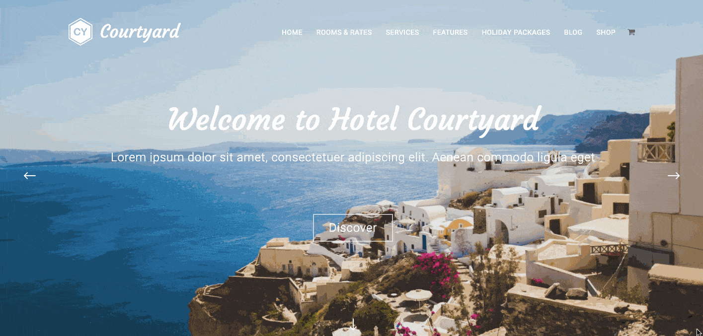 Courtyard WordPress theme demo displays minimalist hotel site