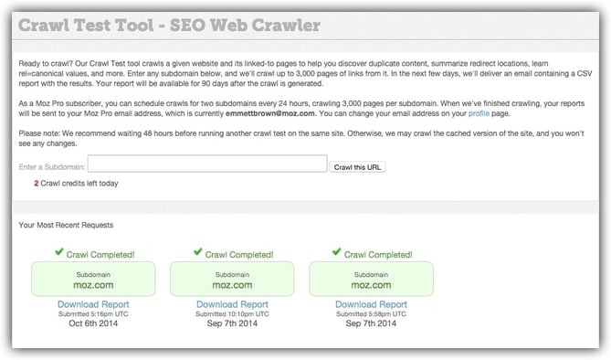 Web sitesinin linklerini analiz etmek için Moz Crawl Test aracı