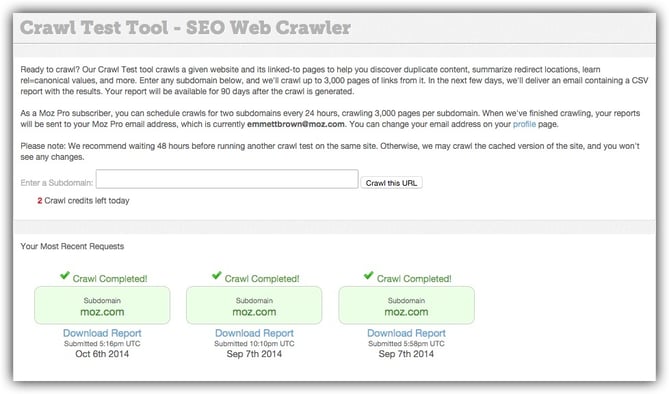 Moz's Crawl Test tool for analyzing website links