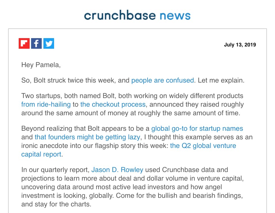 Crunchbase News email with subject line of "China Falls, Sleepy Unicorns, And The Deals Aren’t Bigger In Texas"
