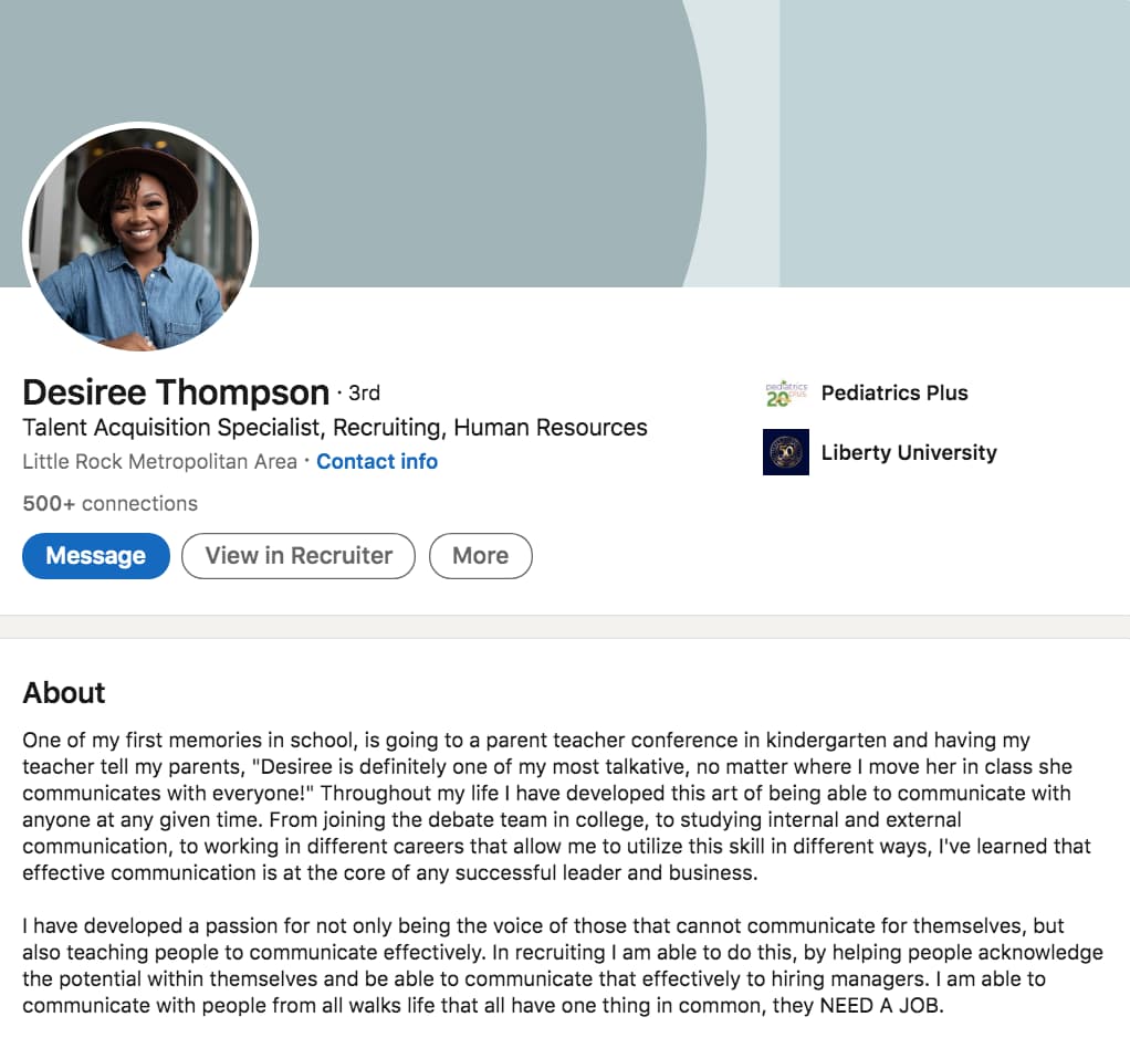 LinkedIn summary example: Desiree Thompson