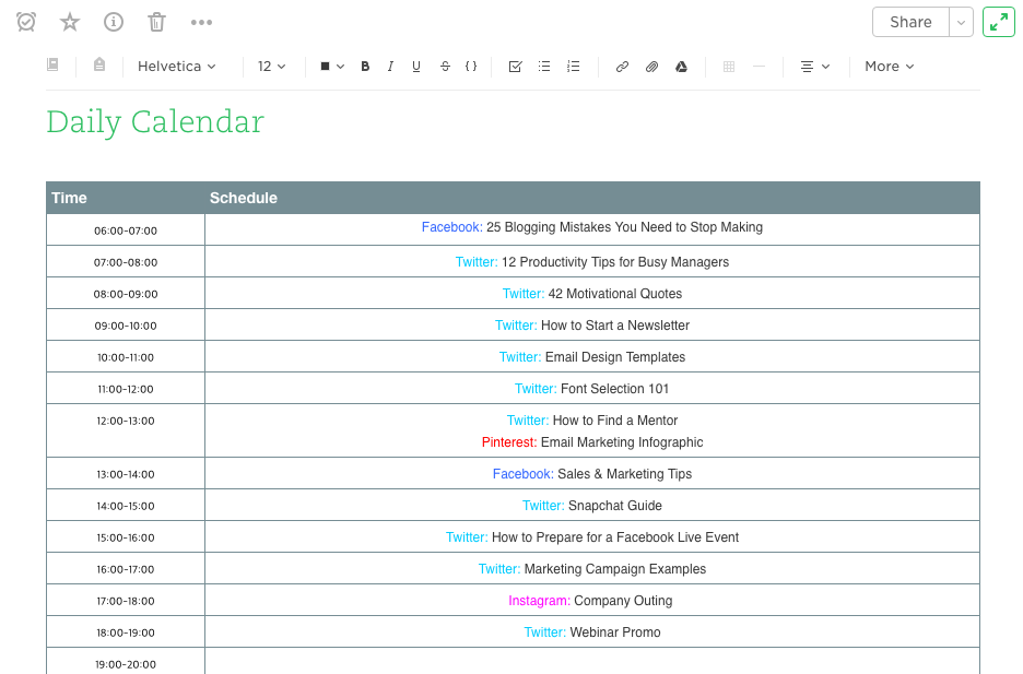 Social media content calendar on Evernote