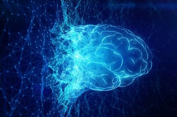 تعداد زیادی از نورون های دیجیتال آبی در کنار هم قرار می گیرند تا تصویر دیجیتالی مغز را برای نماد یادگیری عمیق تشکیل دهند.