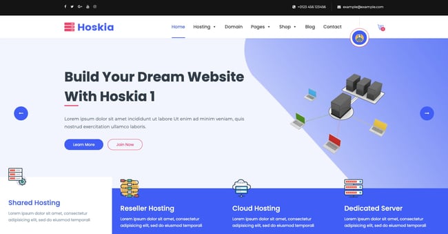 Default demo of web hosting WordPress theme Hoskia