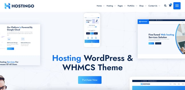 Default demo of web hosting WordPress theme Hostingo