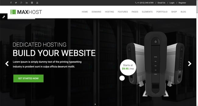 Default demo of web hosting WordPress theme MaxHost