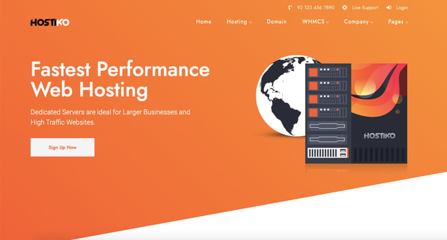 Demo of web hosting WordPress theme Hostiko with orange background color