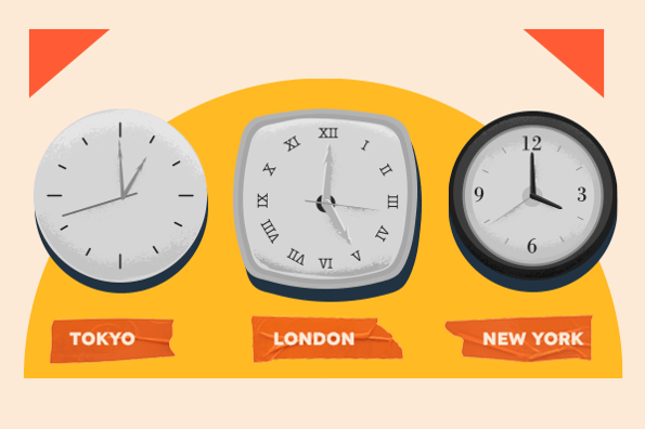 three clocks with different timezones for teams 