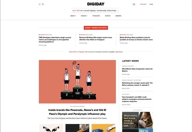 Homepage of Digiday.