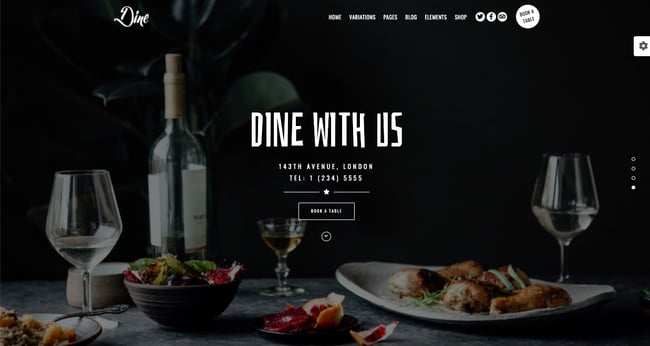 موضوعات WordPress الخاصة بالمطعم: Dine demo يدعو المستخدمين لحجز طاولة