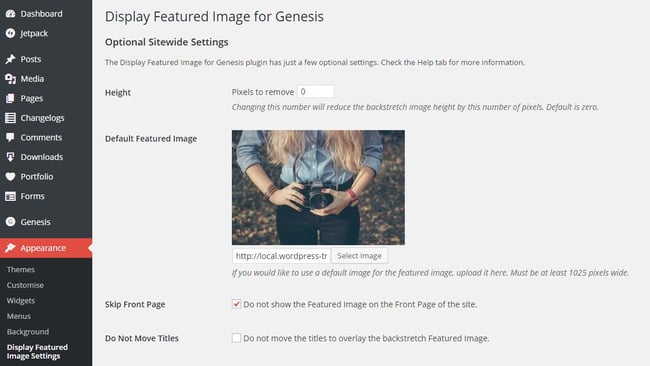 User configuring sitewide settings for featured images with the Display Featured Image for Genesis plugin