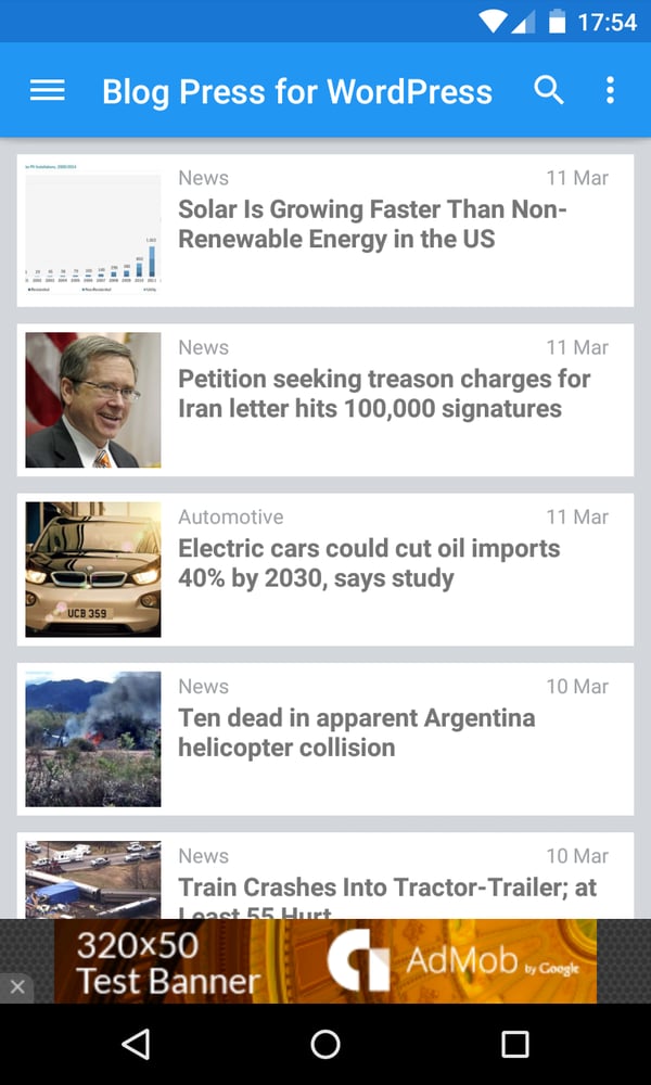 The home screen of a mobile news site built by the BlogPress plugin