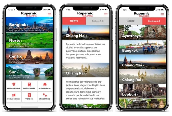 Three mobile displays of travel sites built with android app plugins