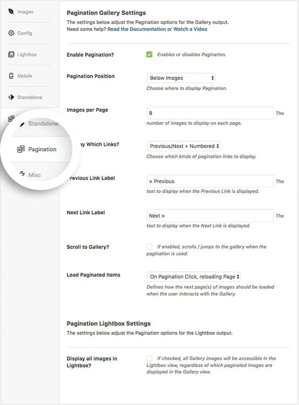 Configure pagination gallery settings in the Pagination section of the Envira Gallery plugin dashboard