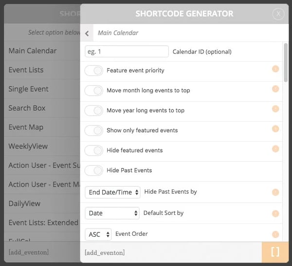 Use the EventOn's shortcode generator to insert calendar content into your WordPress posts and pages