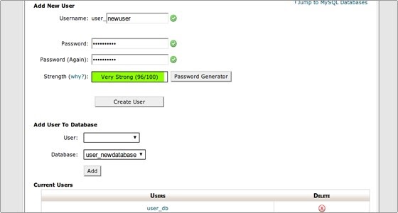 MYSQL Users section with "Add New User" section filled in with username and password