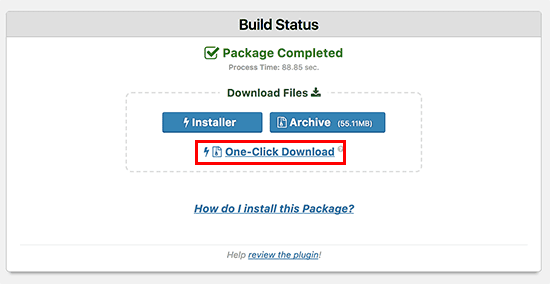 pop-up message showing that Duplicator package is complete and ready for one-click download