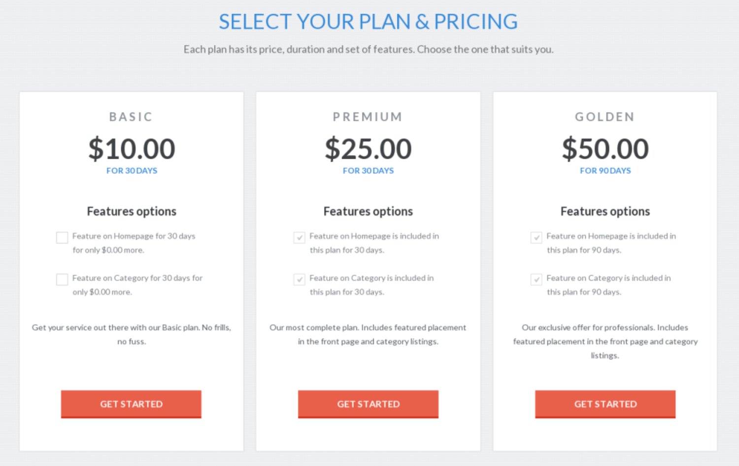 Three pricing plans available when creating a micro job site with the taskerr wordpress theme