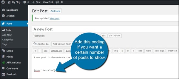 User adding code to Advanced Random Posts Widget plugin's shortcode to control number of posts in display