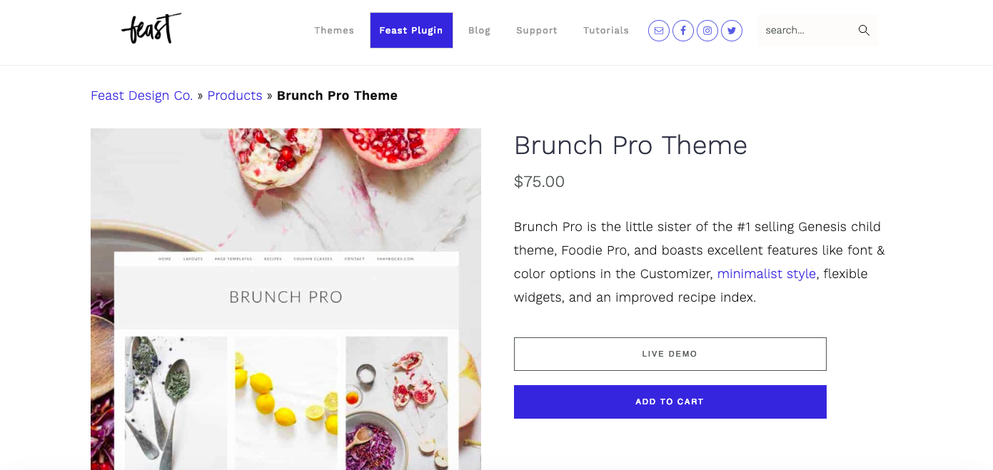 Product page for Brunch Pro theme available on Feast Design Co