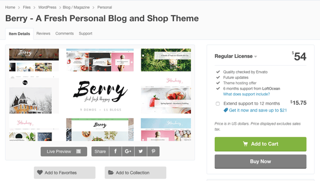 Product page in Envato Market for WordPress theme Berry with an option to buy now