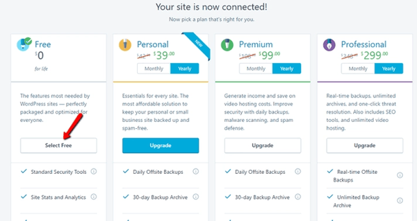When connecting your WordPress site to the Jetpack plugin, select the free plan 