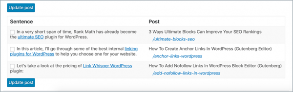 Premium plugin Link Whisperer gives automatic link suggestions when you start writing in WordPress