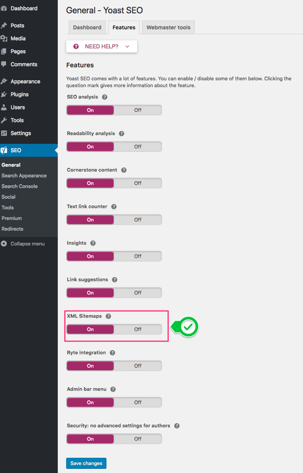Enable XML sitemaps in the Yoast SEO plugin’s settings and it will ping search engines each time you publish new content