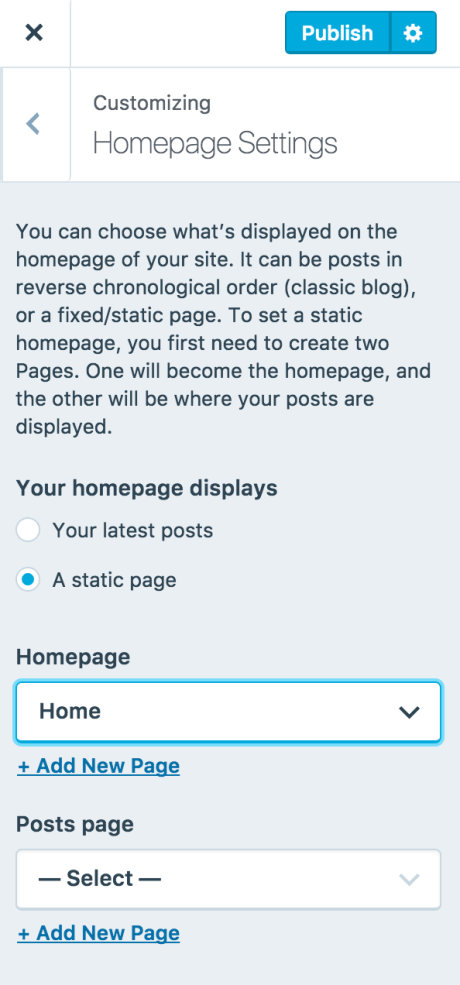 In the HomePage Settings tab of the Gutenberg editor, you can replace the default homepage with a custom page