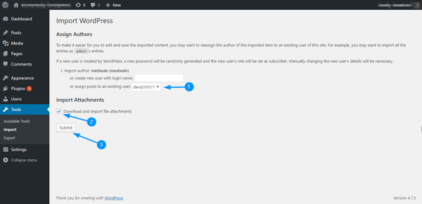 Assign an author to your XML file and check the box labeled “Download and import file attachments” to import your images