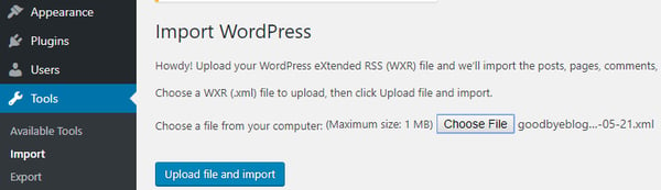 You can upload the XML file that you previously downloaded from WordPress.com by clicking Choose File