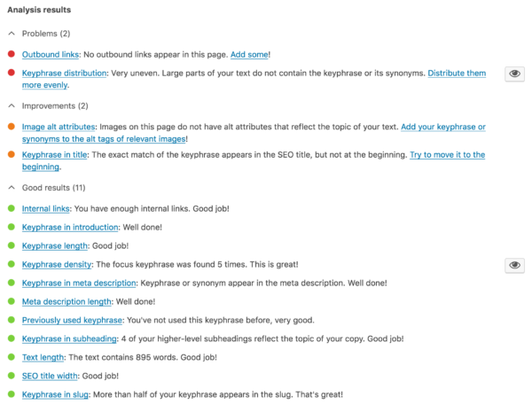 Yoast SEO's SEO Analysis feature ensures you optimize keywords, links, and images in your blog