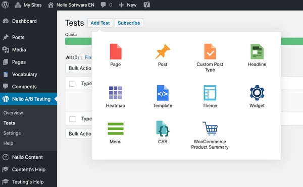 View of all the types of content you can test with Nelio A/B plugin