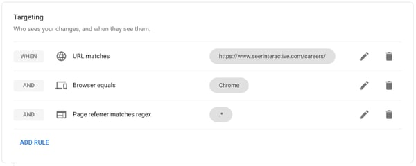 Google Optimize user splitting audience by URL and browser they're using