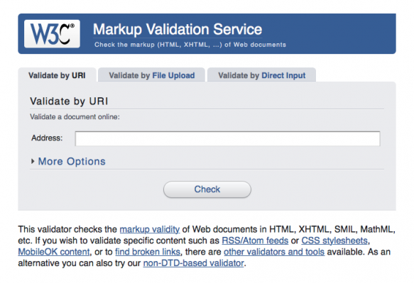 Homepage of W3C Markup Validation Service where users can validate code standards of WordPress themes