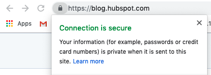 Padlock icon next to site address of HubSpot blog shows that connection is secure