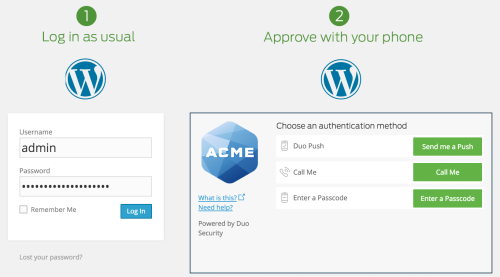 Demo of two-factor authentication on a WordPress site using Duo plugin