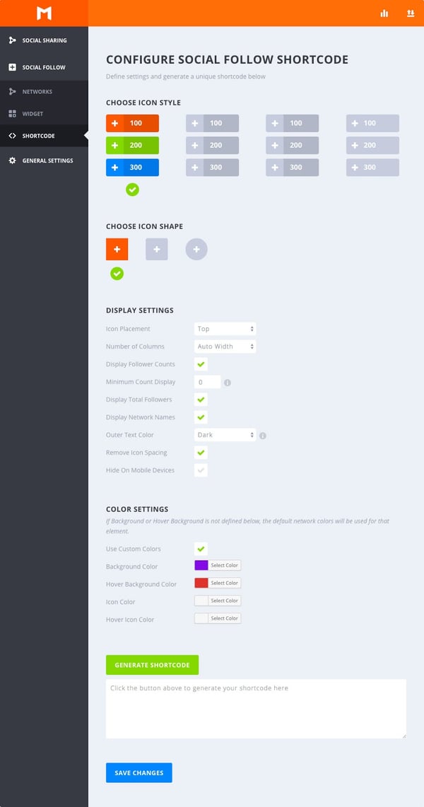 Configure a social follow shortcode in the Monarch dashboard to place follow buttons anywhere on your WordPress site