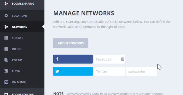 In the Social Sharing tab of the Monarch dashboard, add and manage social networks