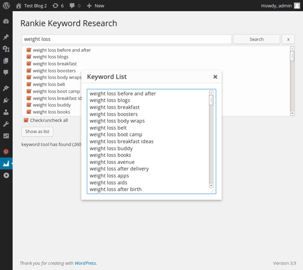 list of keyword suggestions for "weight loss" auto-generated by Rankie's keyword research tool